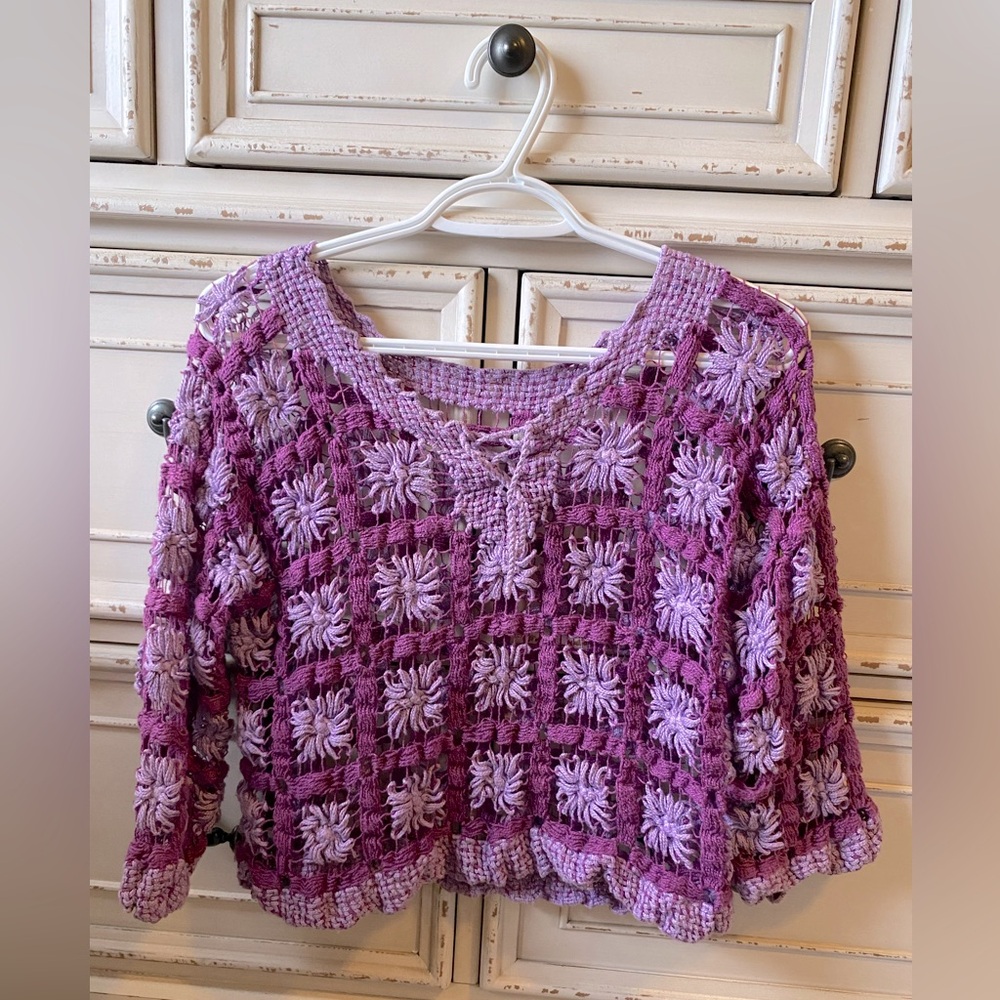 Purple Crochet Top with 3/4 sleeves beach cover up (M)